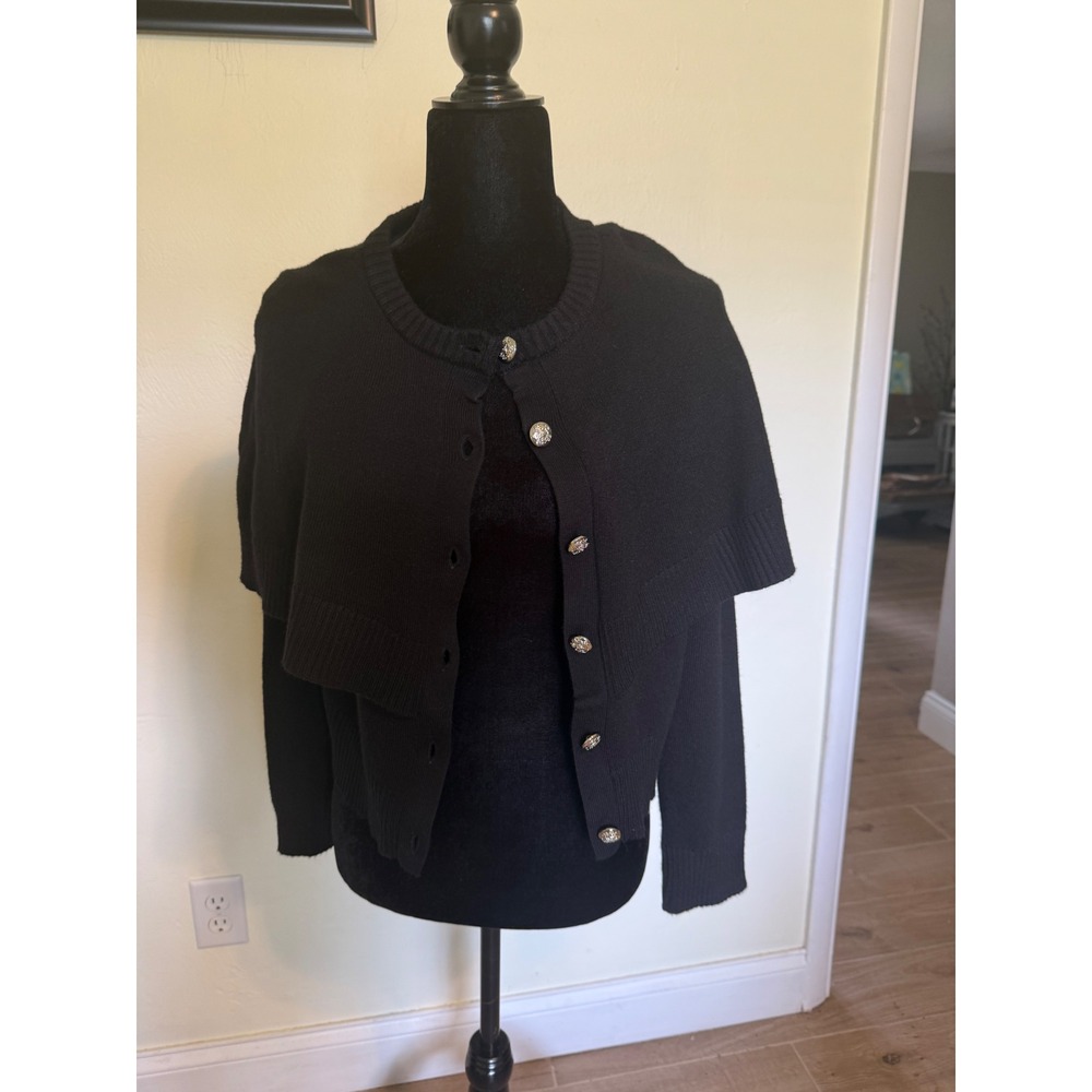NWT Steve Madden Black Capelet Cardigan Sweater Silver Crest Buttons Large
